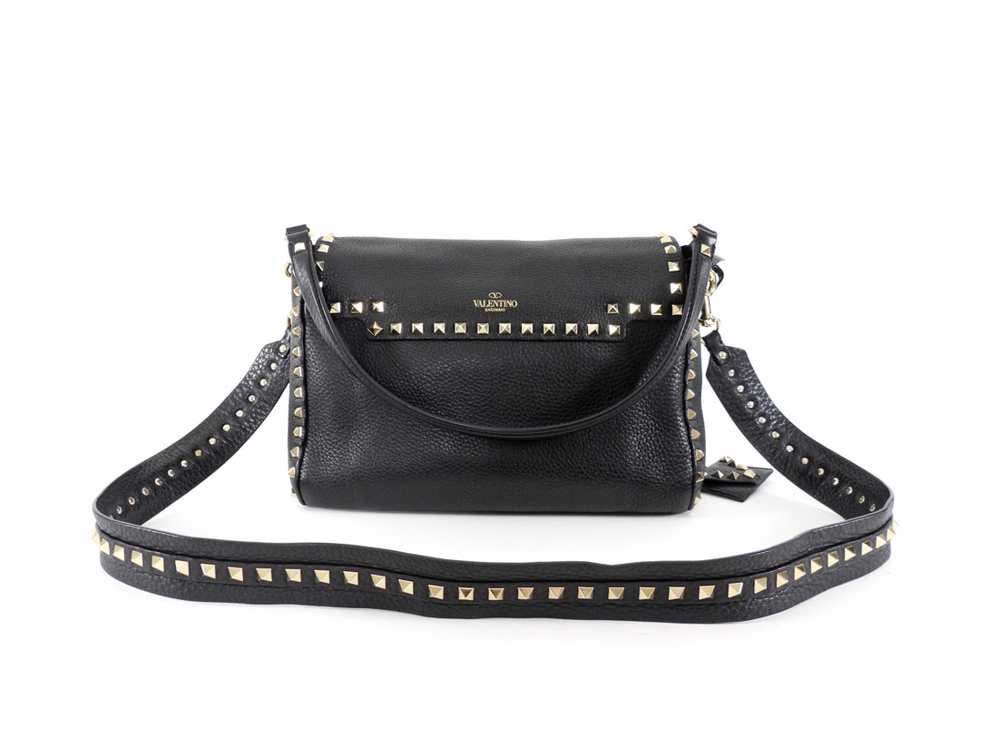 Valentino Garavani Black Grained Leather Rockstud Two Way Flap Bag