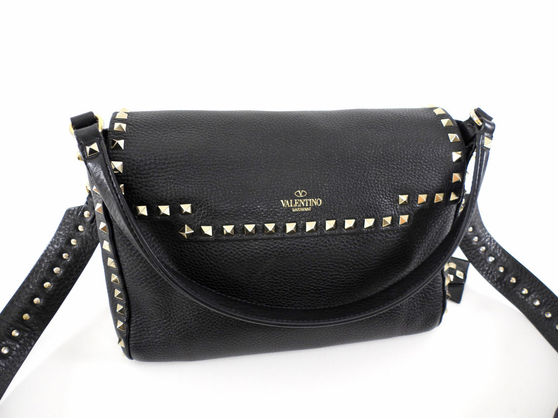 Valentino Garavani Black Grained Leather Rockstud Two Way Flap Bag