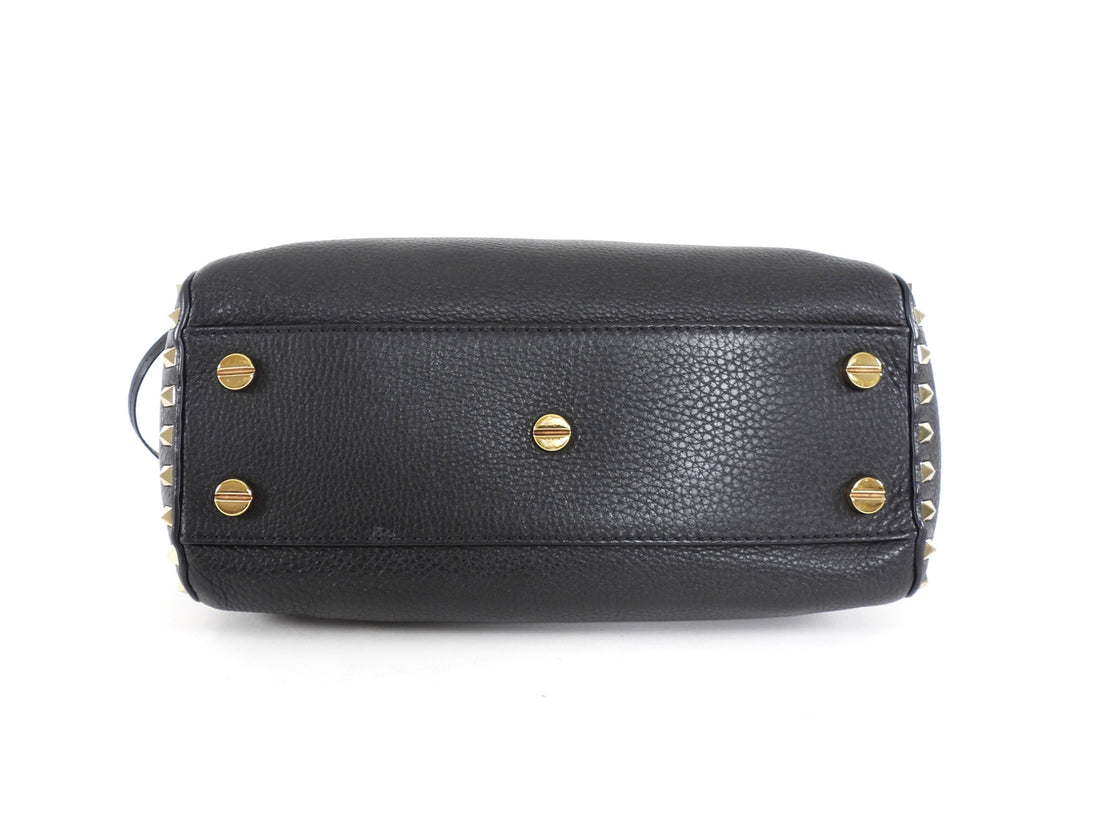 Valentino Garavani Black Grained Leather Rockstud Two Way Flap Bag