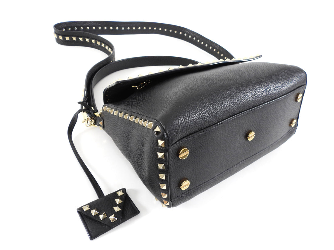 Valentino Garavani Black Grained Leather Rockstud Two Way Flap Bag