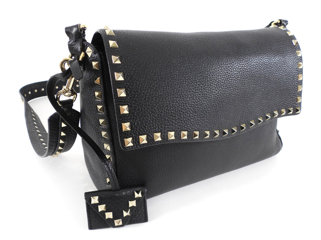 Valentino Garavani Black Grained Leather Rockstud Two Way Flap Bag