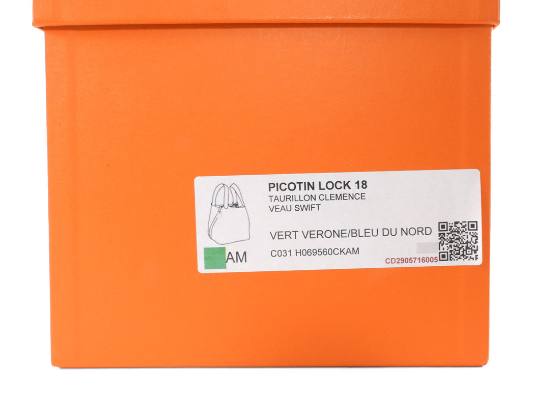 Hermes Picotin 18 Vert Verone Taurillon Clemence / Bleu Du Nord Swift Leather Bag