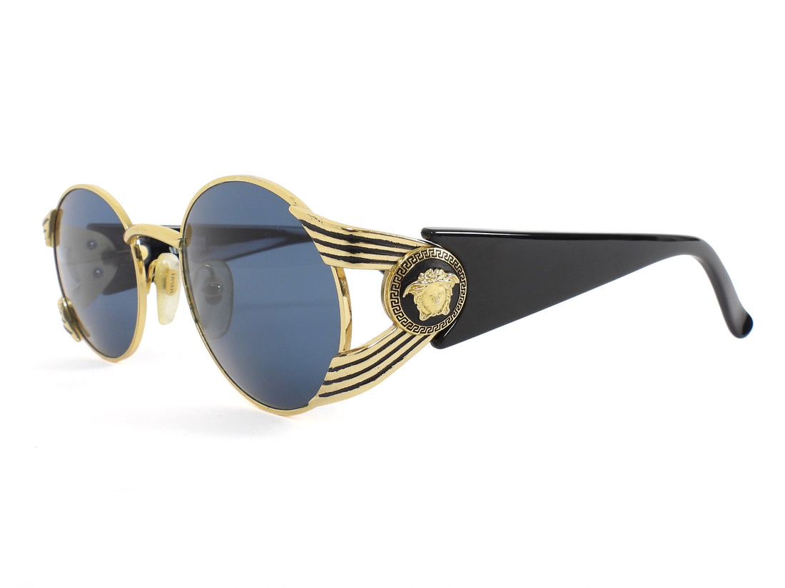 Gianni Versace Gold Black 90s Vintage Medusa Head Round Sunglasses MOD.S65