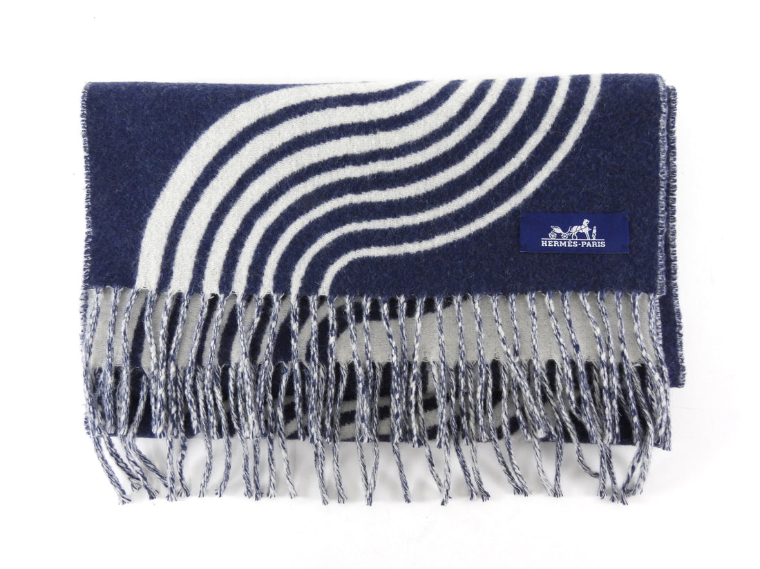 Hermes Casaque Vague Navy & Ivory Cashmere Fringe Scarf