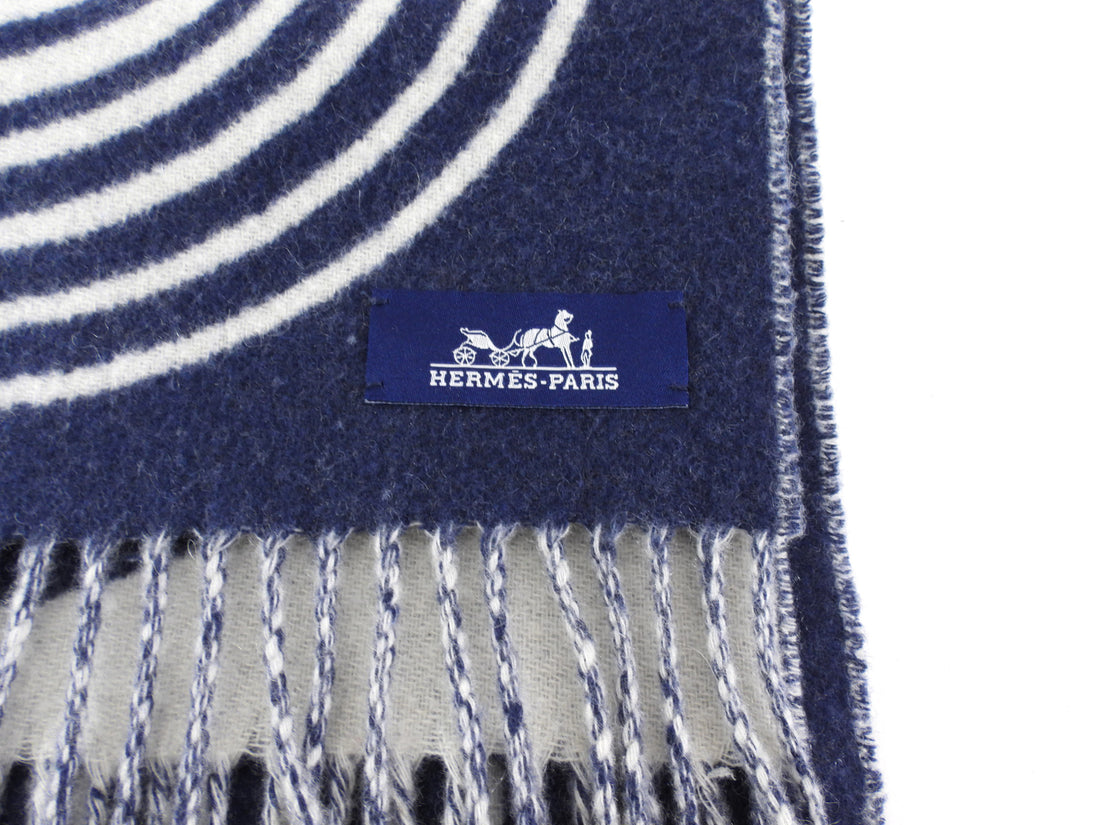 Hermes Casaque Vague Navy & Ivory Cashmere Fringe Scarf