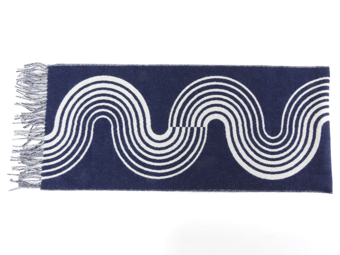 Hermes Casaque Vague Navy & Ivory Cashmere Fringe Scarf