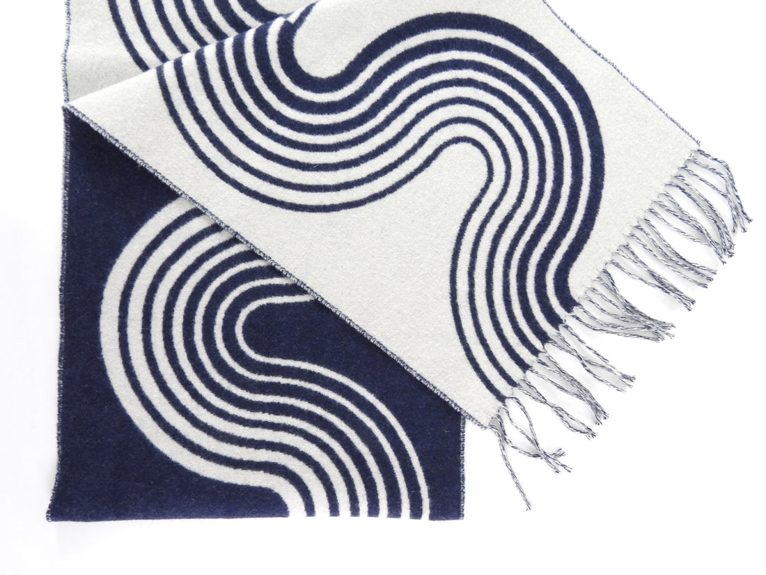 Hermes Casaque Vague Navy & Ivory Cashmere Fringe Scarf