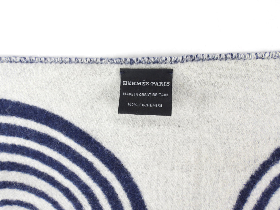 Hermes Casaque Vague Navy & Ivory Cashmere Fringe Scarf