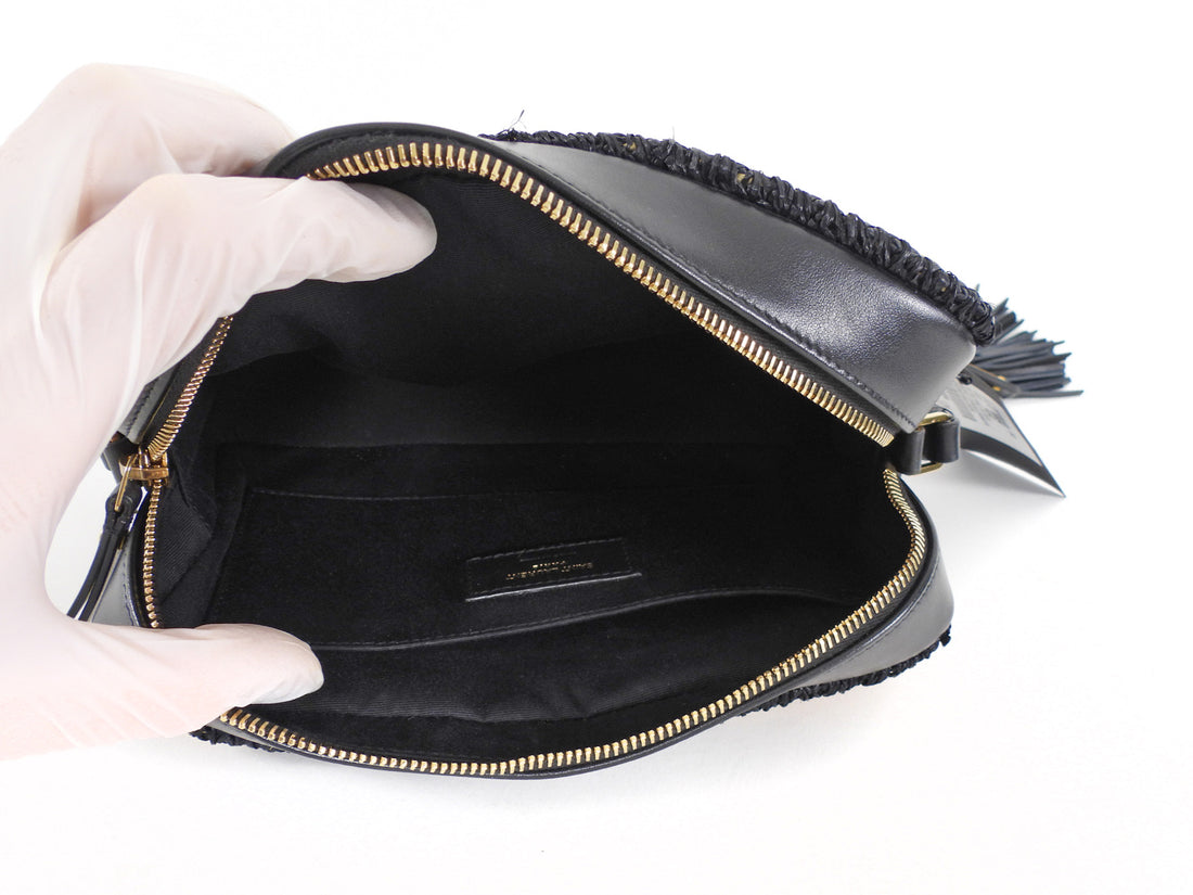 Saint Laurent Black and Natural Raffia Geometric Tassel Lou Camera Bag