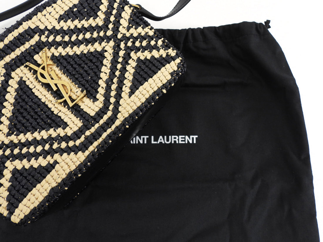 Saint Laurent Black and Natural Raffia Geometric Tassel Lou Camera Bag