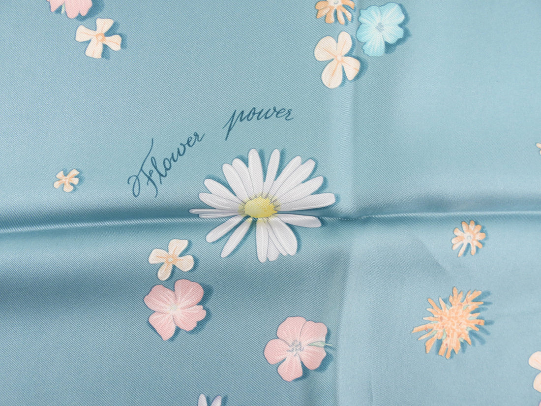 Hermes Blue Silk Floral 90cm Silk Twill Scarf