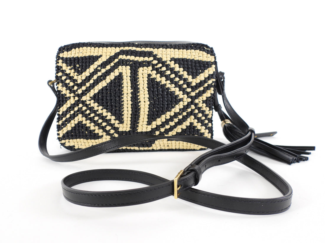 Saint Laurent Black and Natural Raffia Geometric Tassel Lou Camera Bag