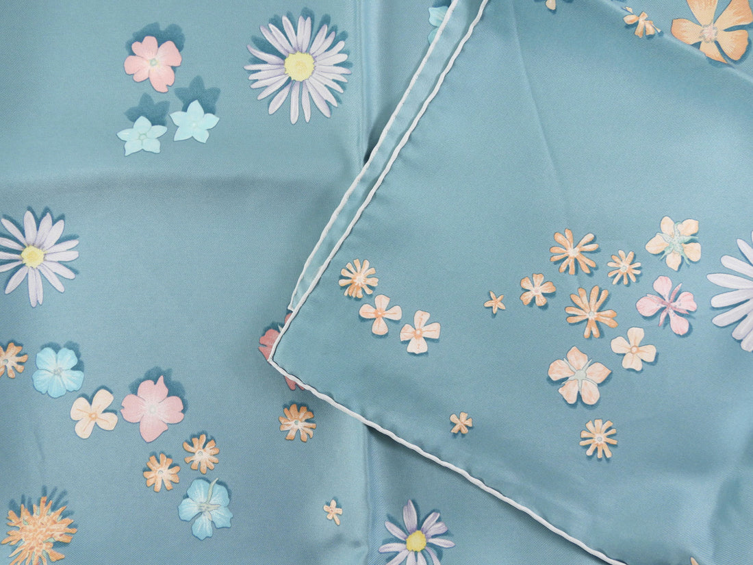 Hermes Blue Silk Floral 90cm Silk Twill Scarf