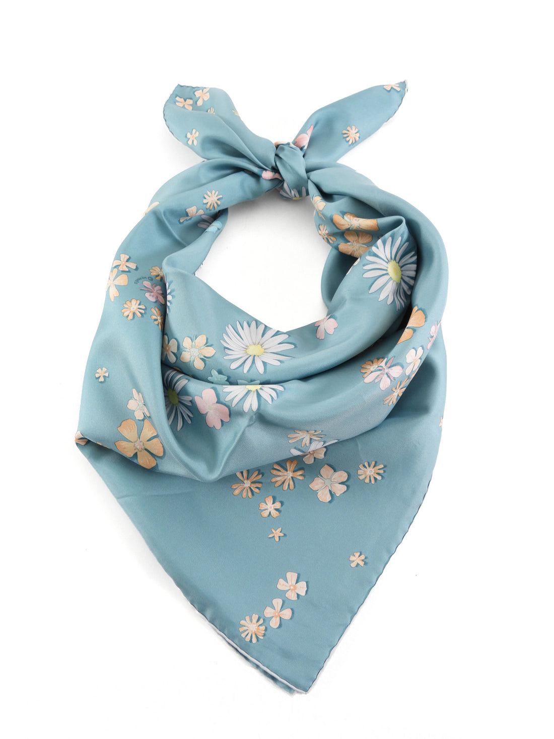 Hermes Blue Silk Floral 90cm Silk Twill Scarf
