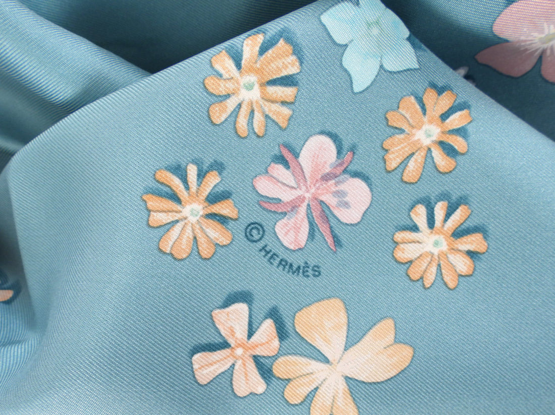 Hermes Blue Silk Floral 90cm Silk Twill Scarf