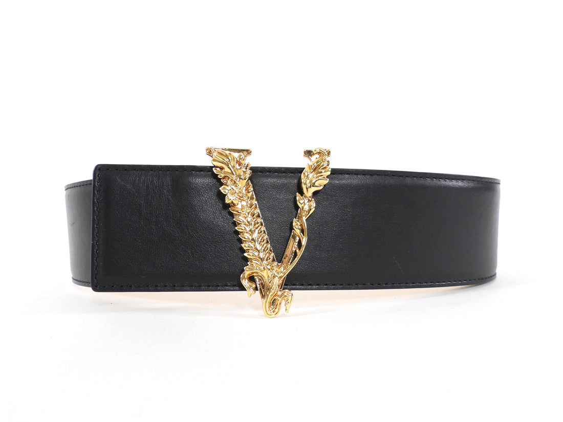 Versace Black Leather Wide Virtus V Logo Belt - 70 / 28