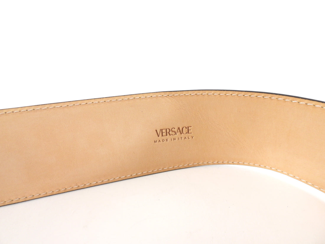 Versace Black Leather Wide Virtus V Logo Belt - 70 / 28