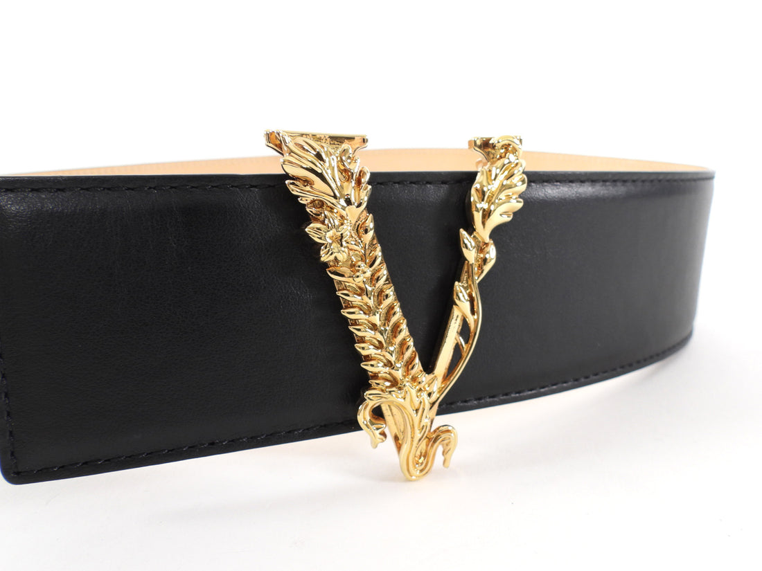 Versace Black Leather Wide Virtus V Logo Belt - 70 / 28