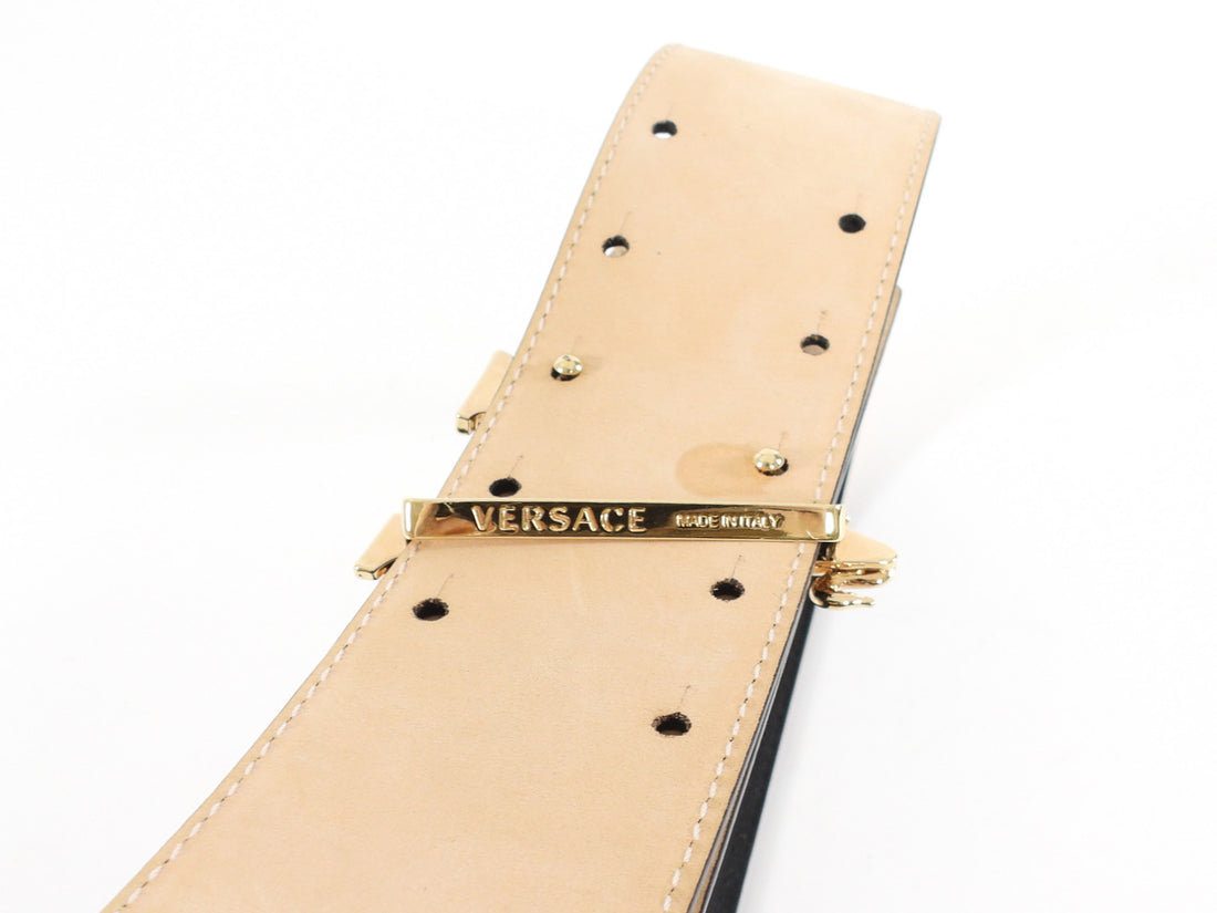 Versace Black Leather Wide Virtus V Logo Belt - 70 / 28