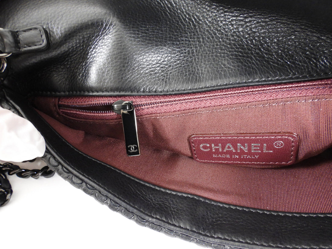 Chanel Black Perforated Leather Medium Flap Chain Wristlet Clutch Bag