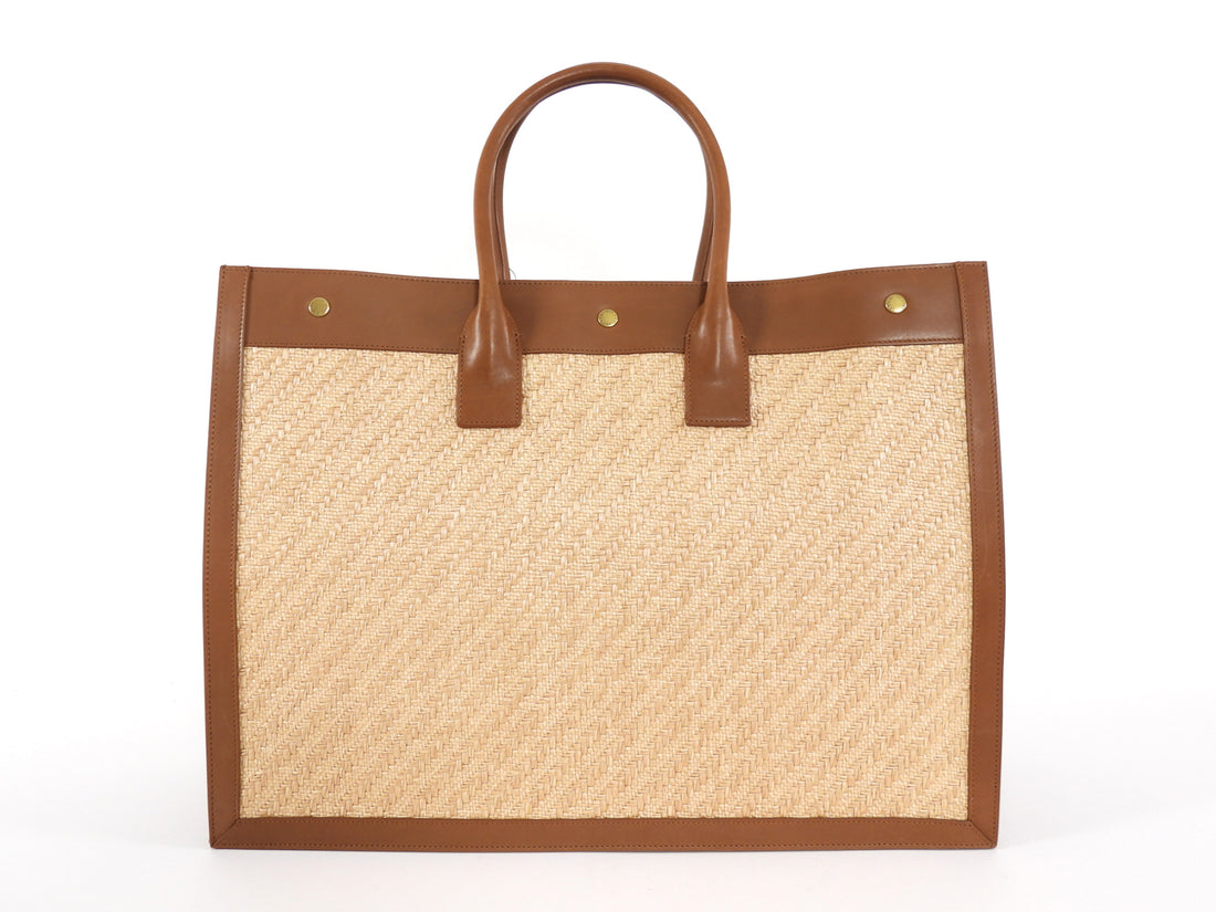 Saint Laurent Rive Gauche Tan Leather and Raffia Large Tote Bag