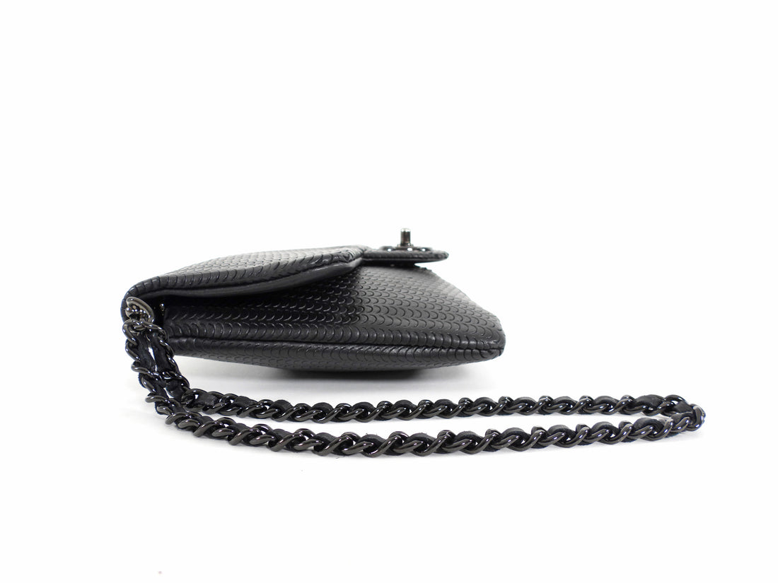 Chanel Black Perforated Leather Medium Flap Chain Wristlet Clutch Bag