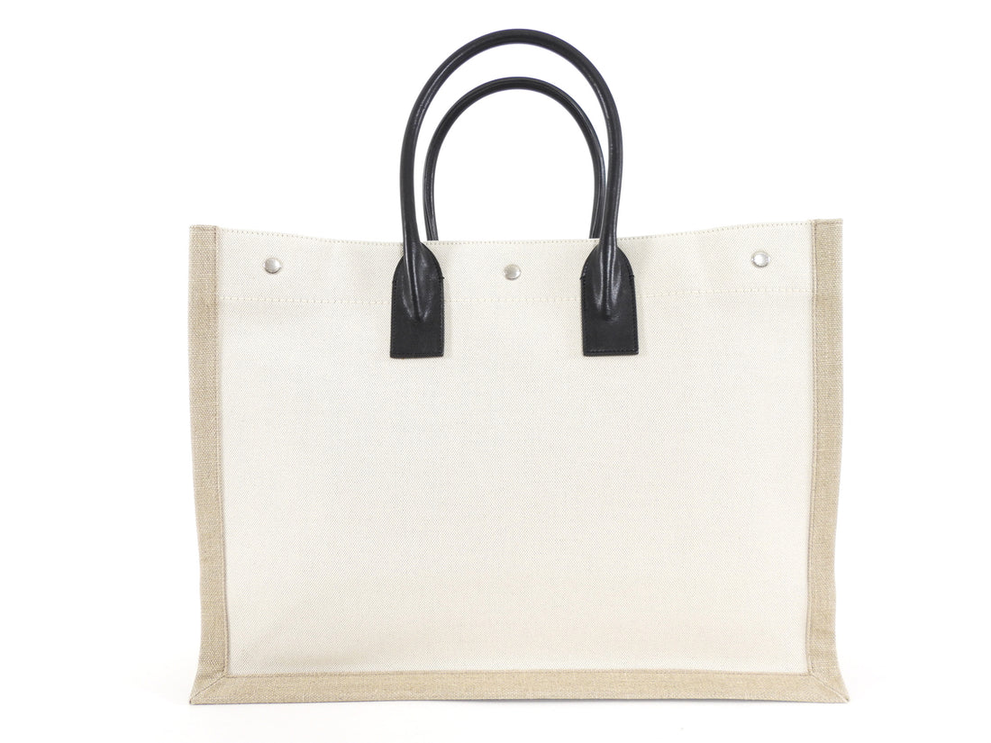 Saint Laurent Rive Gauche White and Beige Canvas Large Tote Bag