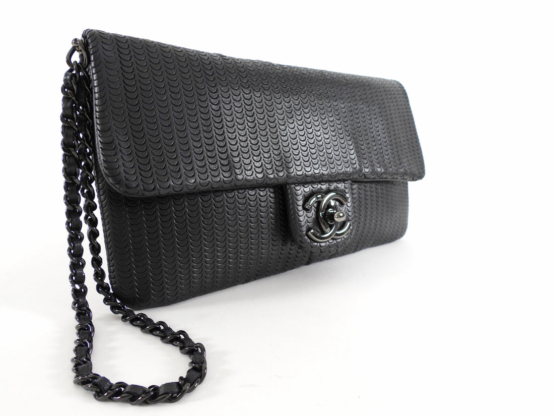 Chanel Black Perforated Leather Medium Flap Chain Wristlet Clutch Bag
