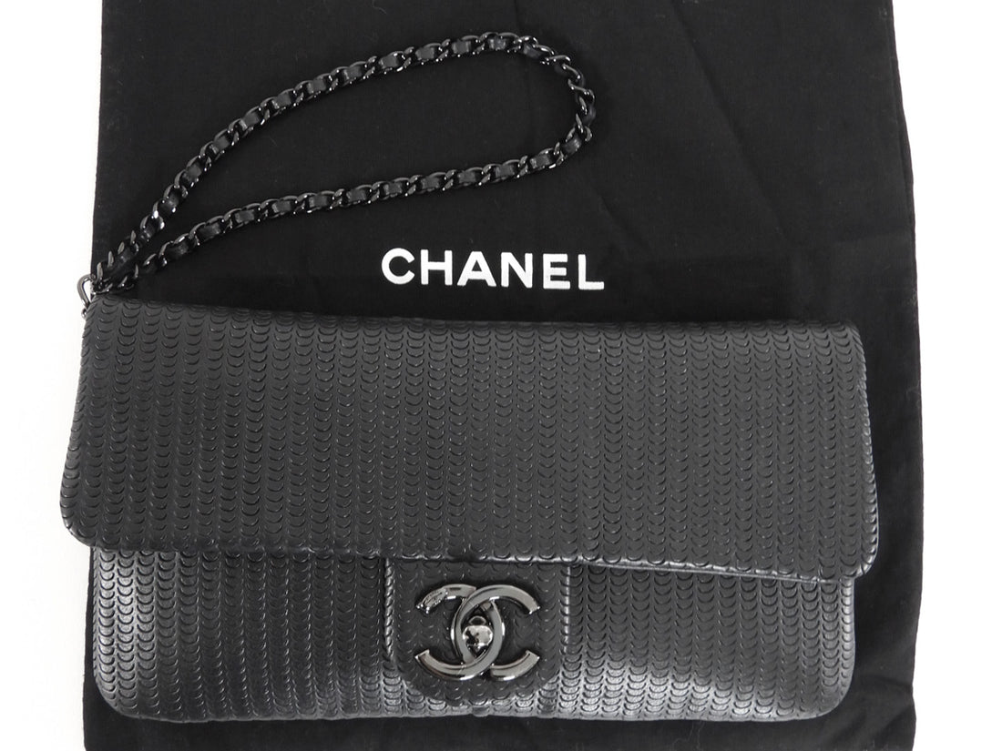 Chanel Black Perforated Leather Medium Flap Chain Wristlet Clutch Bag