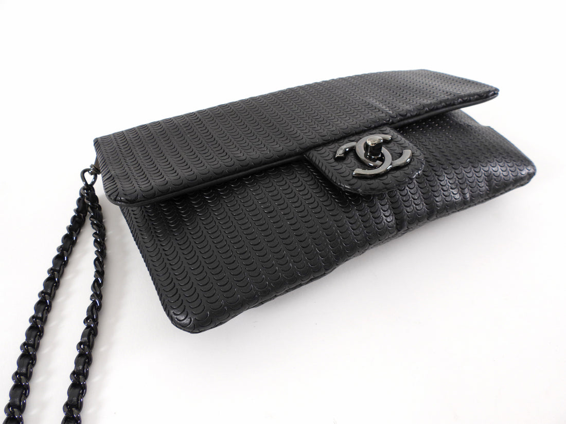 Chanel Black Perforated Leather Medium Flap Chain Wristlet Clutch Bag