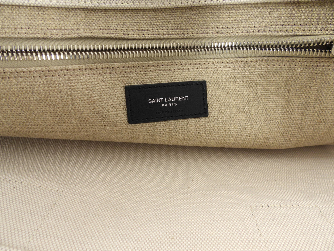 Saint Laurent Rive Gauche White and Beige Canvas Large Tote Bag