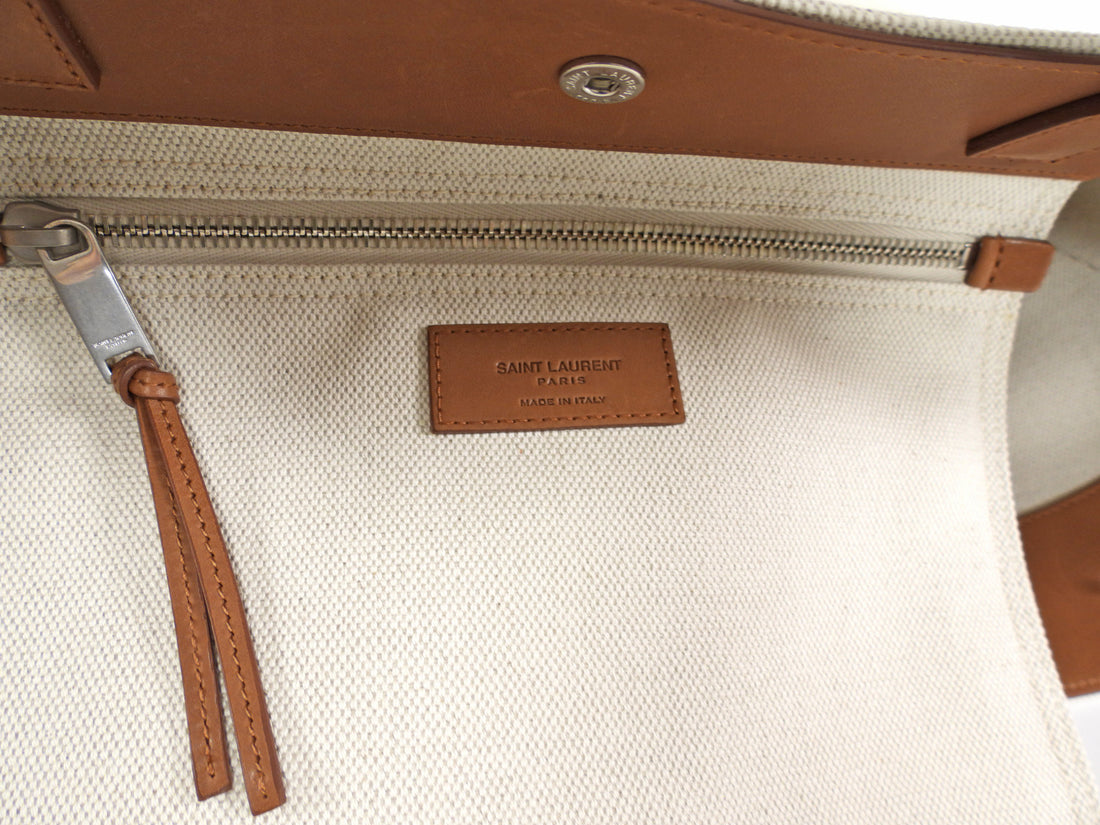 Saint Laurent Rive Gauche Canvas and Tan Leather Triangle Tote Bag