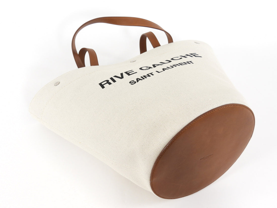 Saint Laurent Rive Gauche Canvas and Tan Leather Triangle Tote Bag
