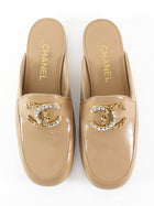 Chanel 25S Beige Patent Crystal Strass CC Flat Slide Mules  - 37