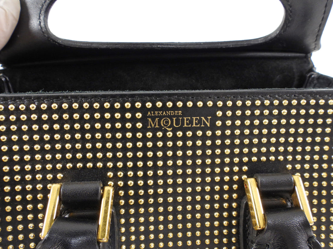 Alexander McQueen Gold Studded Black Leather Mini Heroine Top Handle Bag