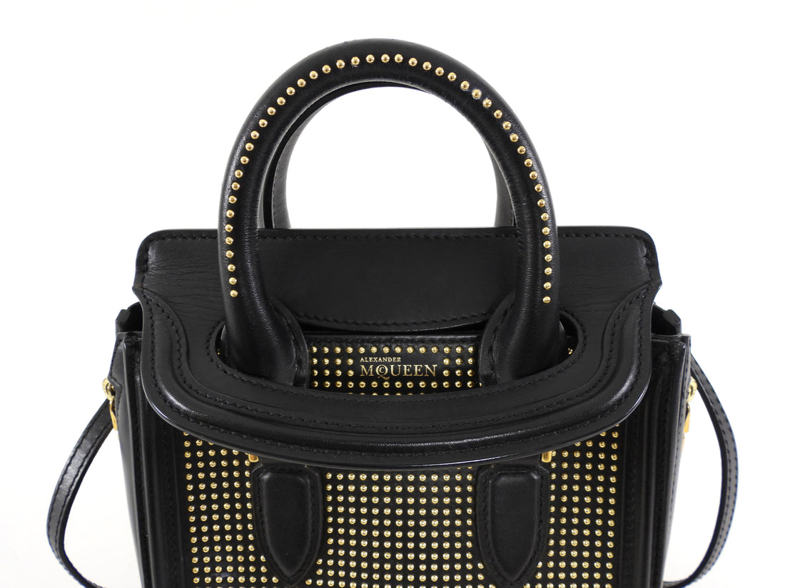 Alexander McQueen Gold Studded Black Leather Mini Heroine Top Handle Bag