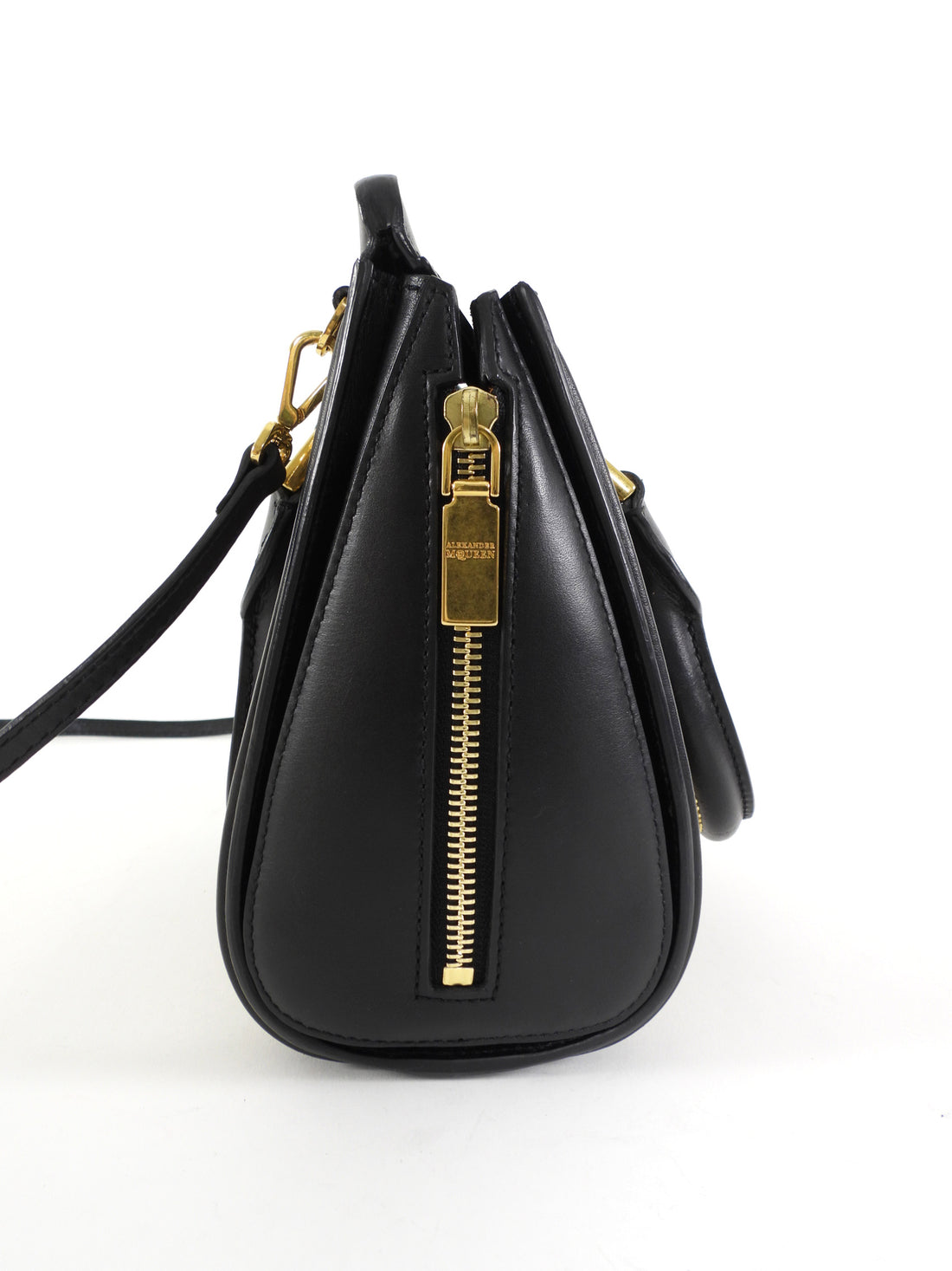 Alexander McQueen Gold Studded Black Leather Mini Heroine Top Handle Bag