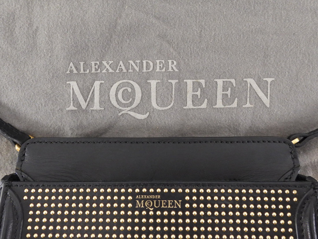Alexander McQueen Gold Studded Black Leather Mini Heroine Top Handle Bag