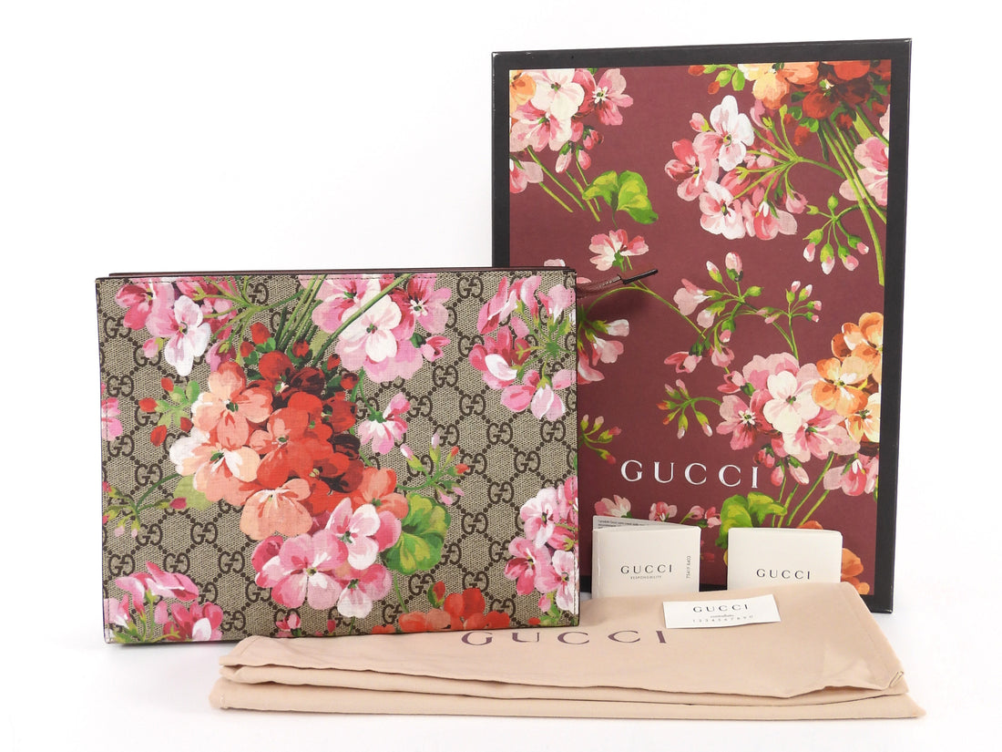 Gucci Brown Pink Monogram Coated Canvas Blooms Floral Cosmetic Zip Pouch Bag