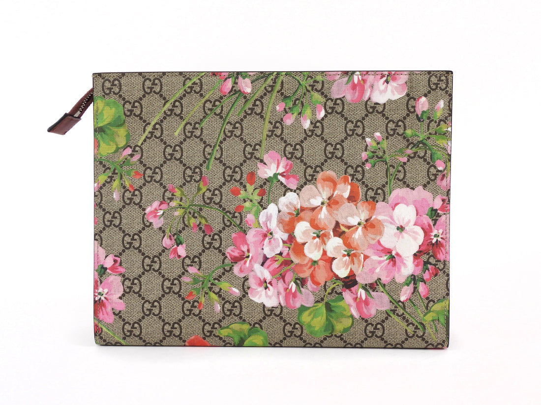 Gucci Brown Pink Monogram Coated Canvas Blooms Floral Cosmetic Zip Pouch Bag