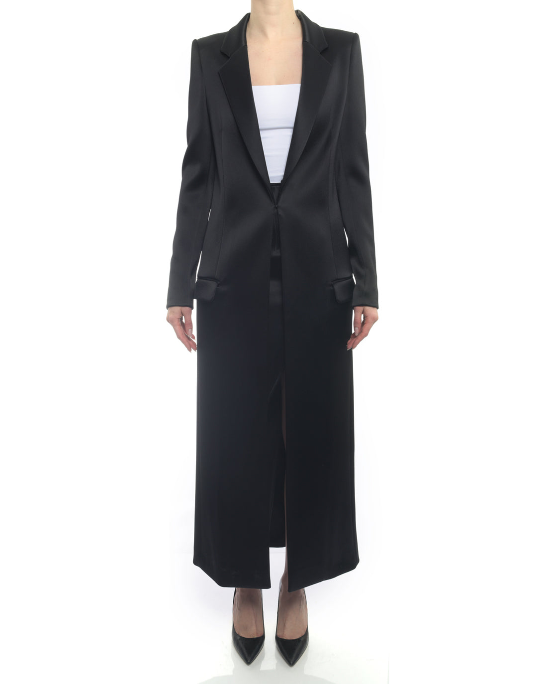 Anthony Vacarello Runway Black Satin Long Evening Coat - 2