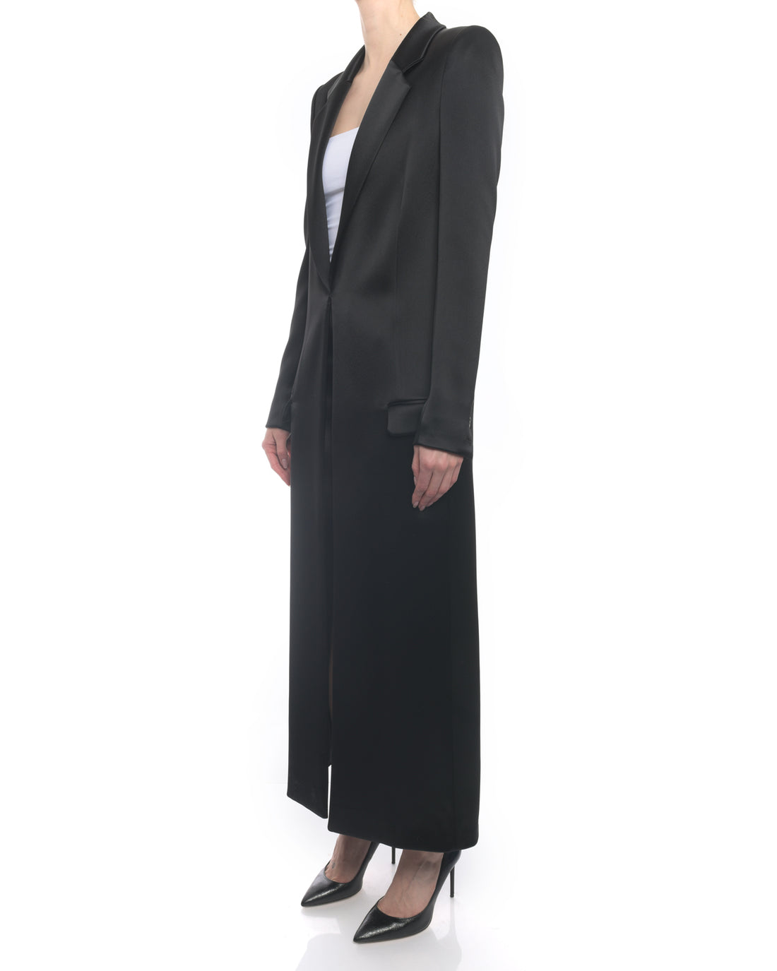 Anthony Vacarello Runway Black Satin Long Evening Coat - 2