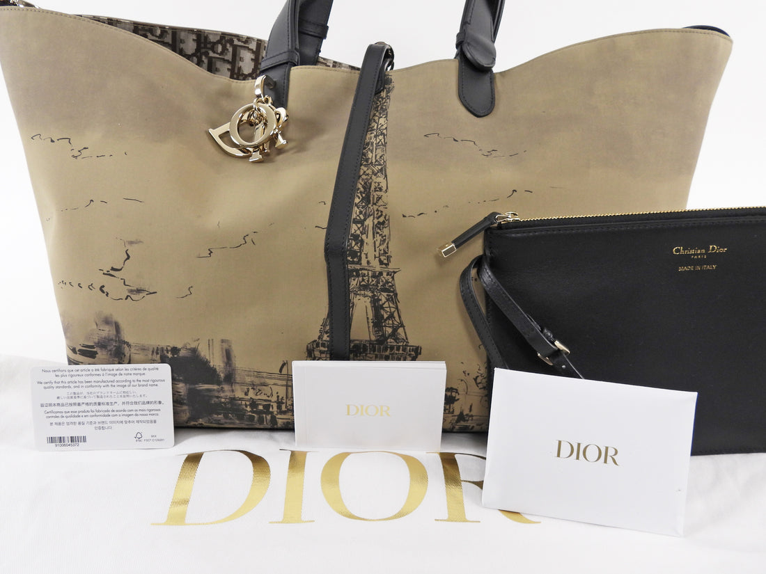 Dior Taupe Black Large Toujours Oblique Nylon Eiffel Tower Large Tote Bag