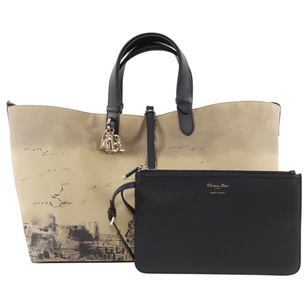 Dior Taupe Black Large Toujours Oblique Nylon Eiffel Tower Large Tote Bag