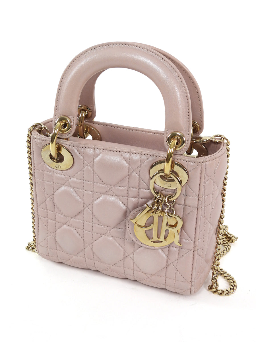 Christian Dior Mini Cannage Quilted Pearly Pale Nude Pink Lady Dior Bag