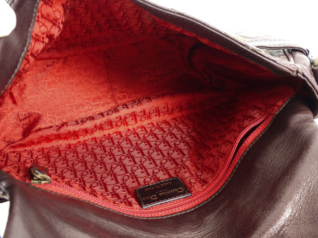 Christian Dior Brown Vintage Cannage Quilted Leather Flap Shoulder Hobo Bag