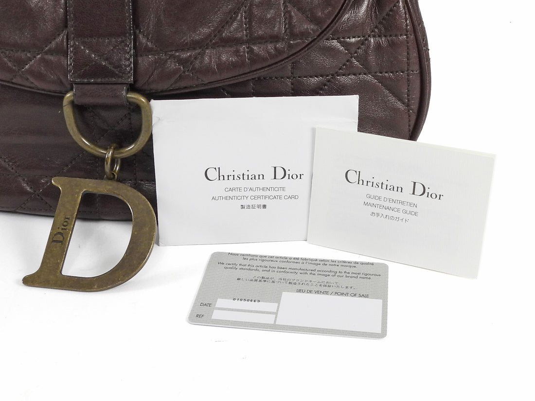 Christian Dior Brown Vintage Cannage Quilted Leather Flap Shoulder Hobo Bag