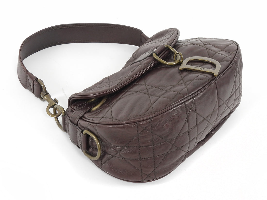 Christian Dior Brown Vintage Cannage Quilted Leather Flap Shoulder Hobo Bag