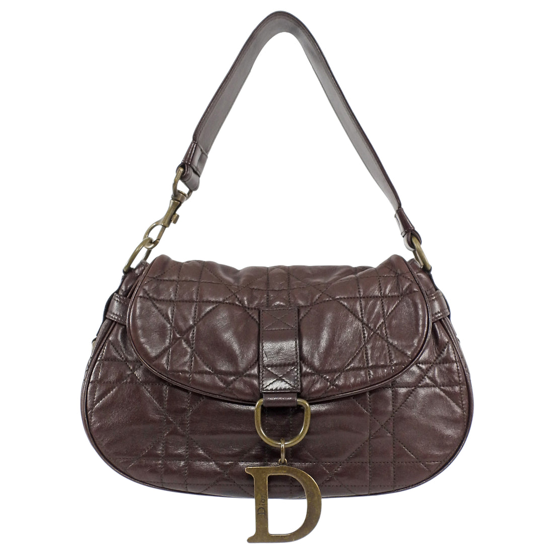 Christian Dior Brown Vintage Cannage Quilted Leather Flap Shoulder Hobo Bag