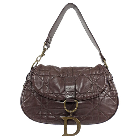 Christian Dior Brown Vintage Cannage Quilted Leather Flap Shoulder Hobo Bag